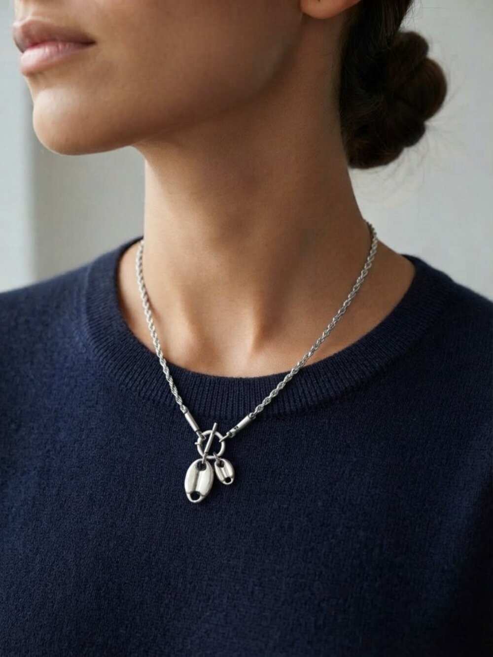 Stainless Steel Coffee Bean Charm T-Bar Necklace Minimalist Dainty Silver Chain - Picture 2 of 12